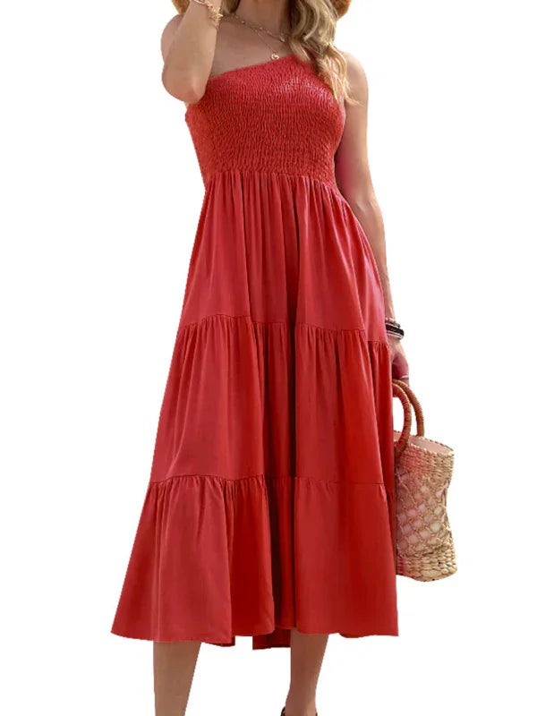 A-line,a-line dress,casual,casual dress,cotton,cotton dress,flowy,flowy dress,ladies Wrinkle resistant,layered,midi,off-shoulder,Quick drying midi dress,sleeveless,sleeveless dress,slip-on,slip-on dress,solid,solid dress,solid midi dress,straight,strapless dress,summer,summer dress,tiered,tiered dress-LeStyleParfait