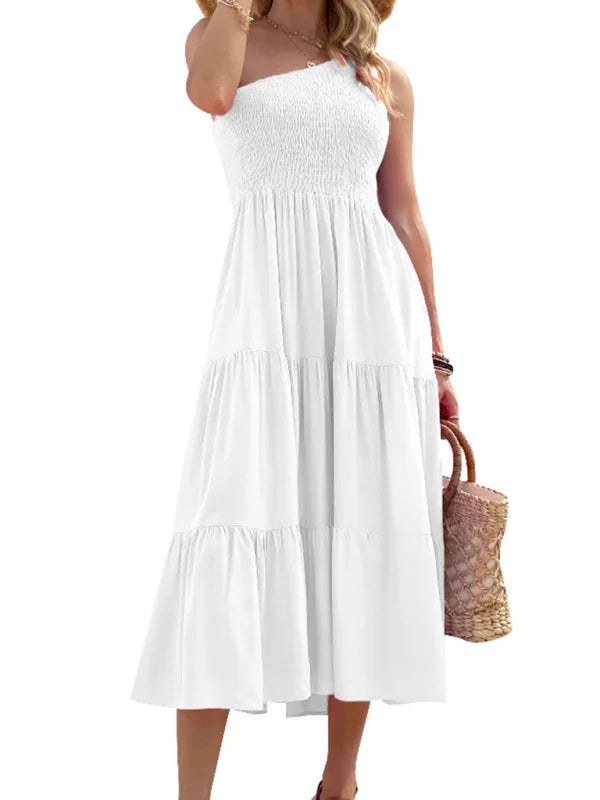 A-line,a-line dress,casual,casual dress,cotton,cotton dress,flowy,flowy dress,ladies Wrinkle resistant,layered,midi,off-shoulder,Quick drying midi dress,sleeveless,sleeveless dress,slip-on,slip-on dress,solid,solid dress,solid midi dress,straight,strapless dress,summer,summer dress,tiered,tiered dress-LeStyleParfait