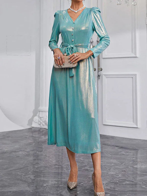 Women Elegant Satin Wrap Midi Dress - Wrap Midi Dress - LeStyleParfait
