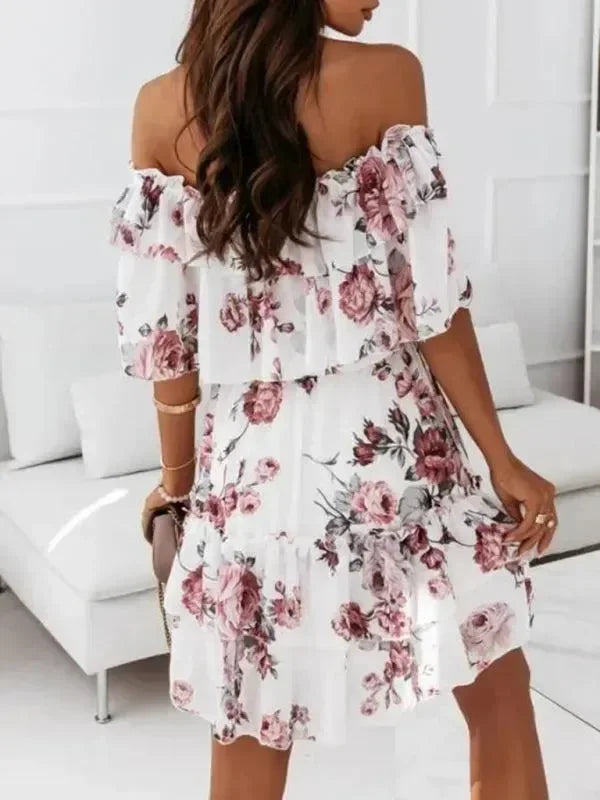 LeStyleParfait Women Dress Mini Dress Midi-Dress Off-Shoulder Floral Off-Shoulder-Mini Dress