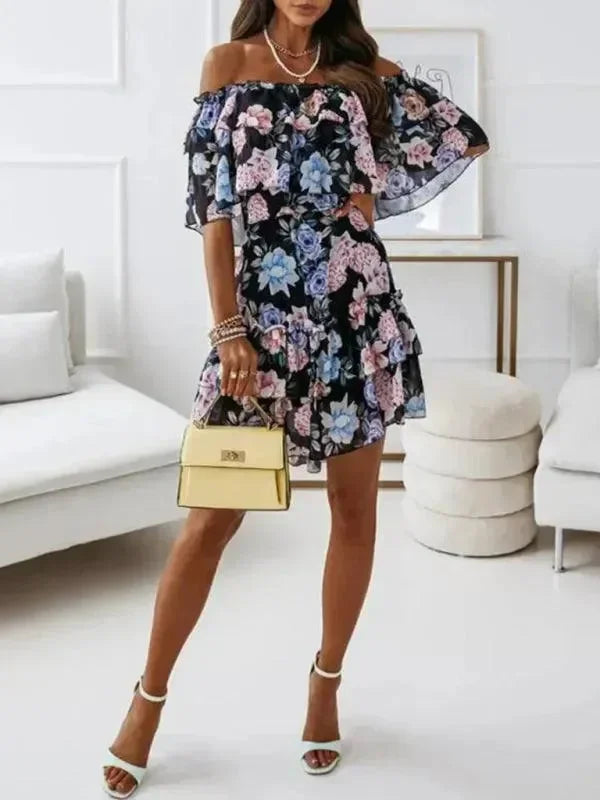 LeStyleParfait Women Dress Mini Dress Midi-Dress Off-Shoulder Floral Off-Shoulder-Mini Dress