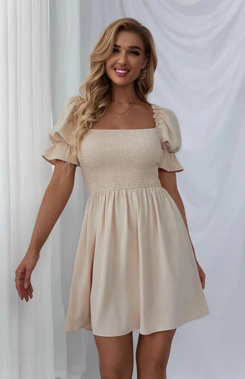 A-line,a-line dress,chiffon,chiffon dress,empire,empire dress,flowy,flowy dress,ladies Wrinkle resistant,mini,mini dress,mini hem dress,party,party dress,puff sleeve,puff sleeve dress,Quick drying mini dress,ruffles,slip-on,slip-on dress,solid,solid dress,square,square neckline dress,straight,summer,summer dress-LeStyleParfait