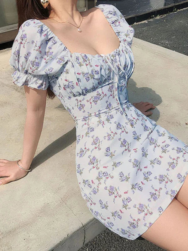 Women Romantic Floral Mini Puff Sleeve Dress - Floral Mini Dress - LeStyleParfait
