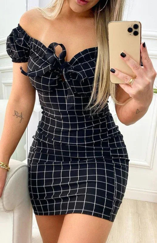 Romantic Checkered Off-Shoulder Mini Dress fashion image