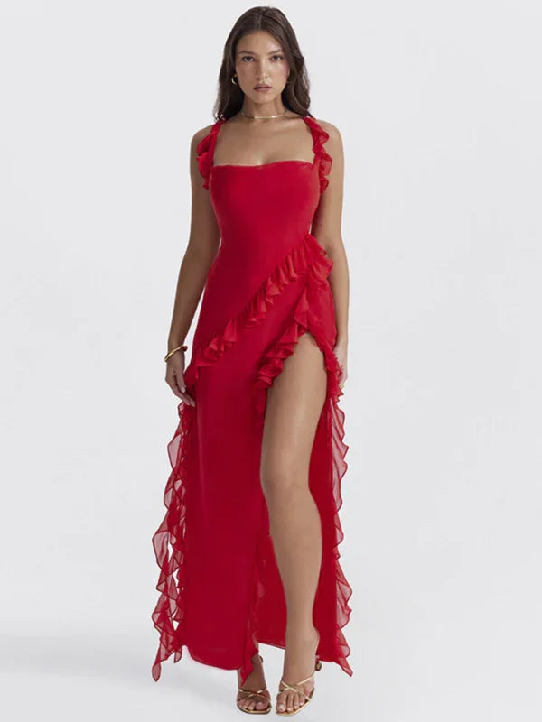 Women Romantic Red Ruffle Fit Maxi Dress - Fit and Flare Maxi Dress - LeStyleParfait
