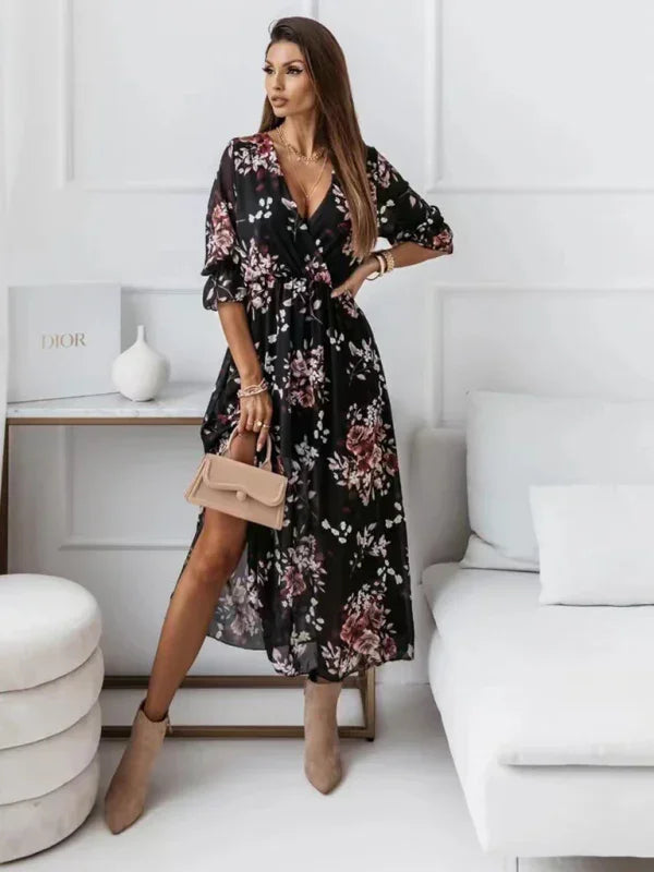 Romantic Floral Wrap Chiffon Midi Dress fashion image