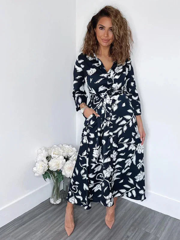 Romantic Navy Floral Wrap Midi Dress fashion image