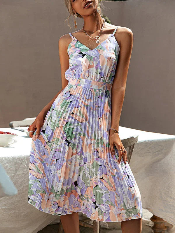 Romantic Purple Floral Chiffon Midi Dress