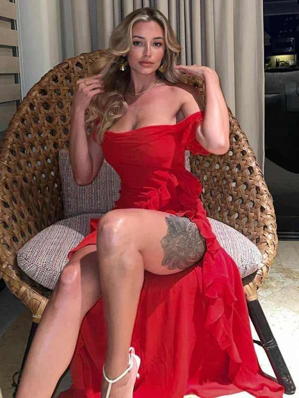 Romantic Red Chiffon Maxi Evening Dress fashion image