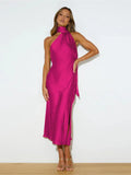 Women Sleek Pink Satin Halter Midi Dress - Sheath Midi Dress - LeStyleParfait