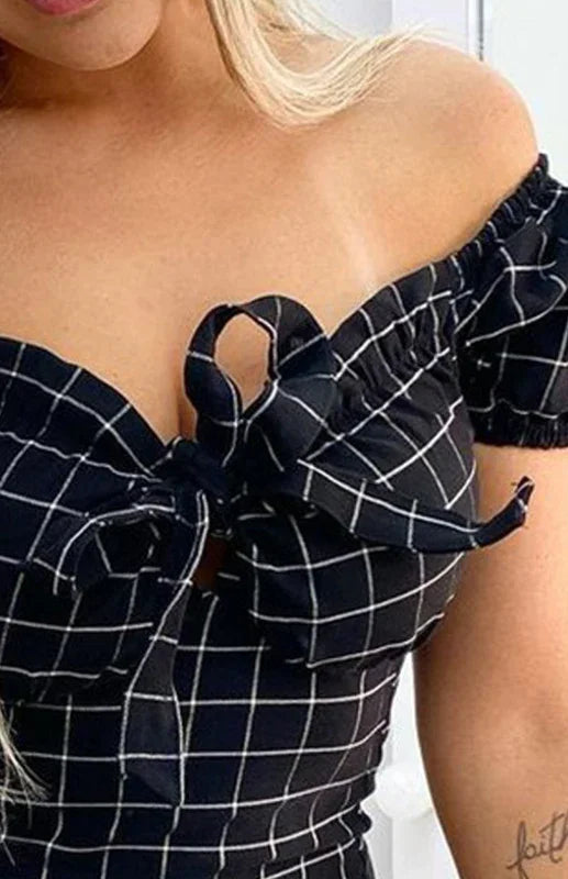 Women's Off-The-Shoulder Check Mini Dress - Check Mini Dress - LeStyleParfait