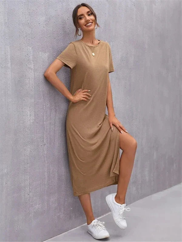 Women Elegant Solid Pink Midi Dress - Solid Midi Dress - LeStyleParfait