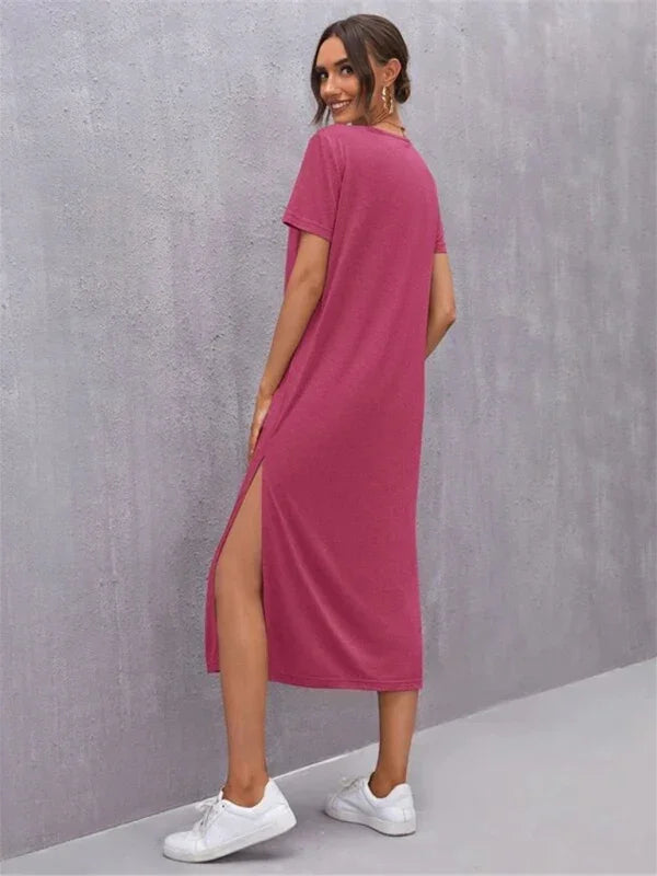 Women Elegant Solid Pink Midi Dress - Solid Midi Dress - LeStyleParfait