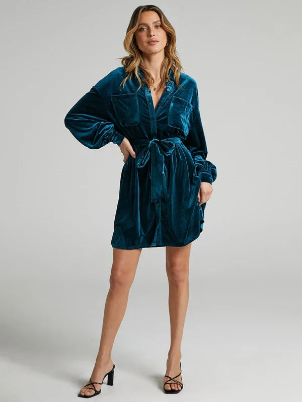 Velvet Shirt Dress - Balloon Sleeves - Shirt Dress - LeStyleParfait