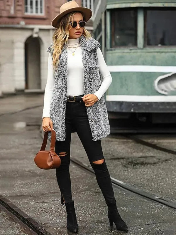 LeStyleParfait Women's Coats Winter Coat Drawstring-Elastic Waist V-Neck Sleeveless Houndstooth-Winter Coat