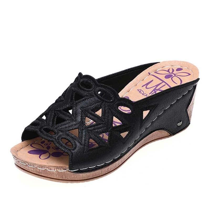 Slip-on Embroidered Wedge Sandals - Wedge Shoes - LeStyleParfait