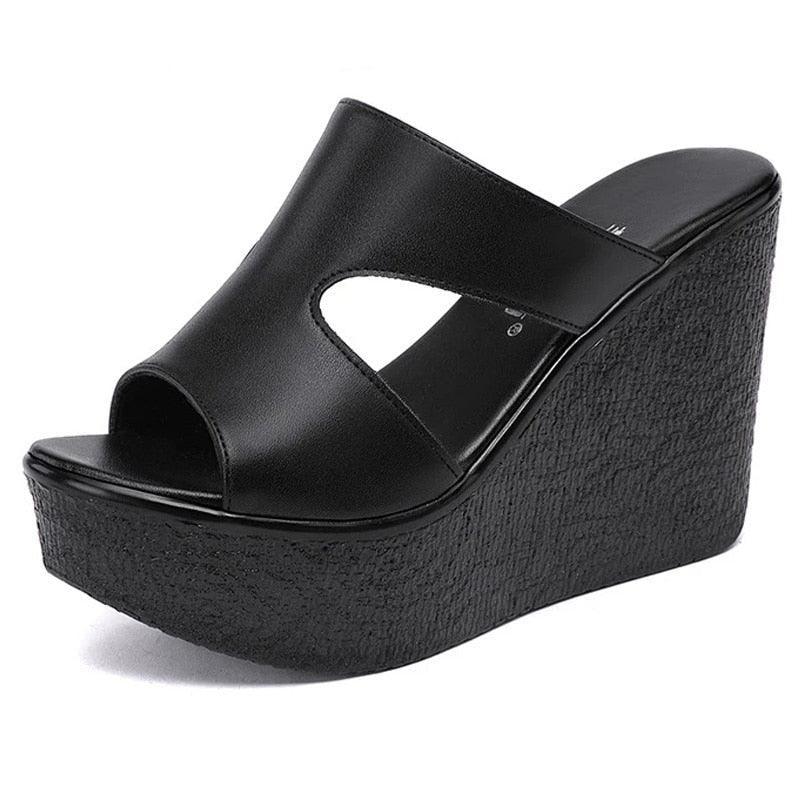 Slip-on Leather Wedge Sandals - Wedge Shoes - LeStyleParfait