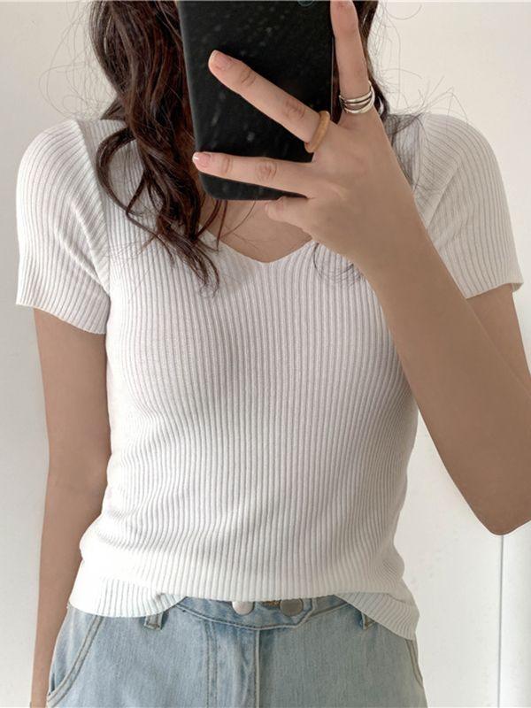 Solid V-neck Sweater Top - Pullover Sweater - LeStyleParfait