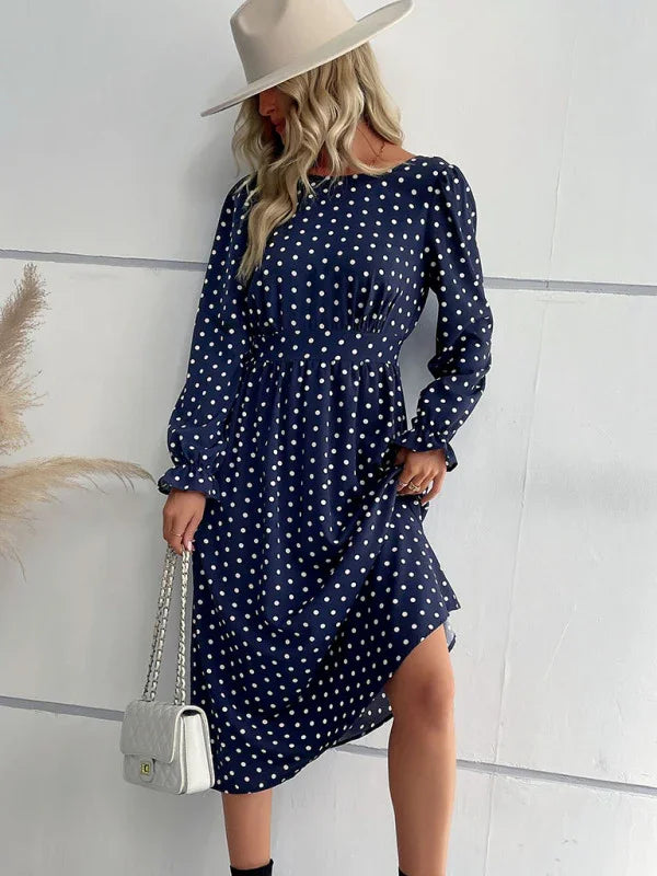 Women Elegant Polka Dot Midi Flare Dress - Polka Dot Midi Dress - LeStyleParfait