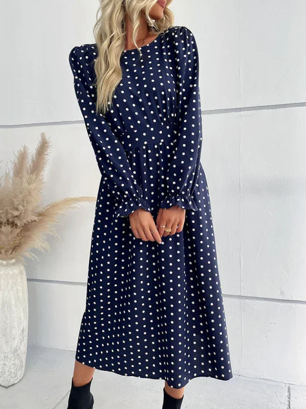 Women Elegant Polka Dot Midi Flare Dress - Polka Dot Midi Dress - LeStyleParfait