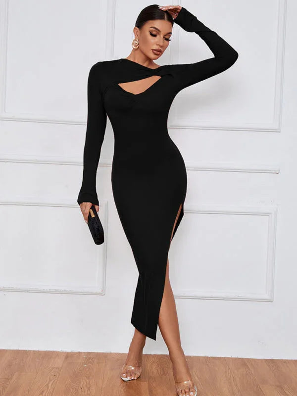 Women Sleek Solid Asymmetric Midi Dress - Bodycon Midi Dress - LeStyleParfait