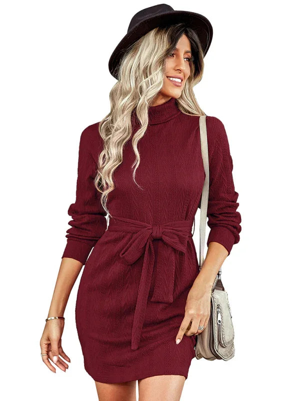 Women Sophisticated Burgundy Belted Mini Dress - Shift Mini Dress - LeStyleParfait