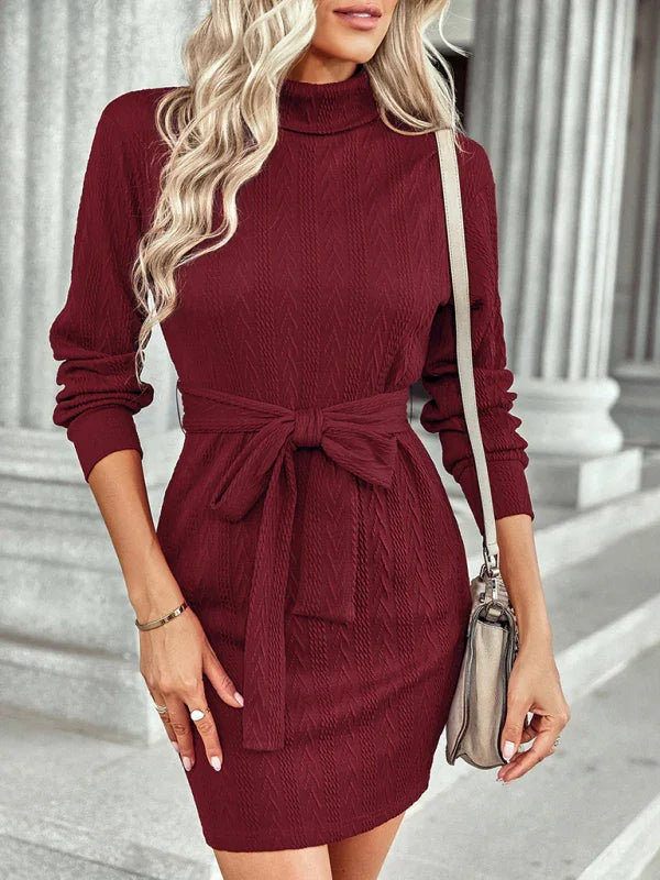 Women Sophisticated Burgundy Belted Mini Dress - Shift Mini Dress - LeStyleParfait