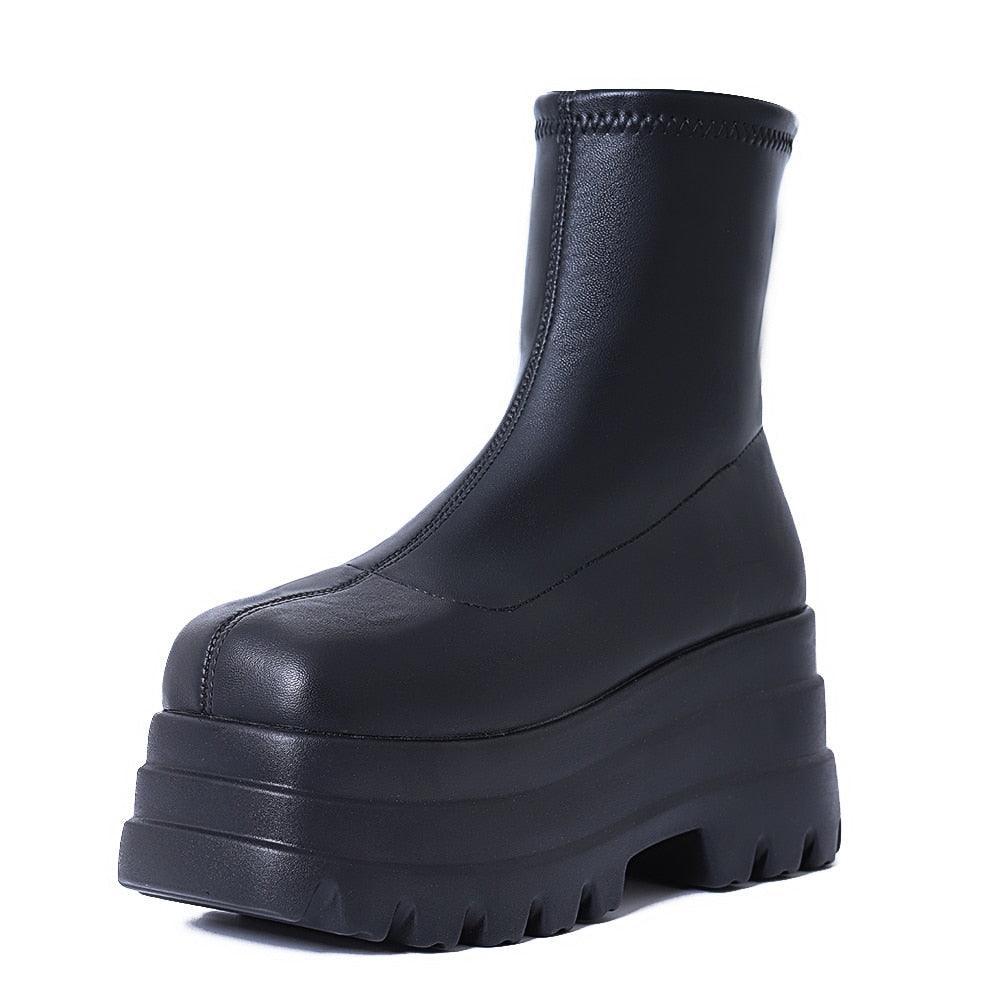 Square-Toe Platform Leather Boots - Wedge Shoes - LeStyleParfait
