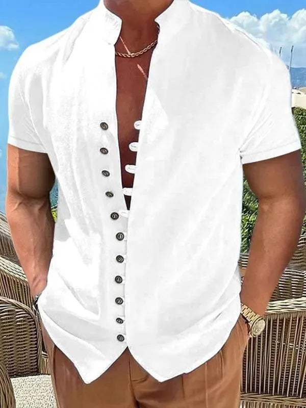Stand Collar Linen Men Casual Shirt - Linen Shirt - LeStyleParfait
