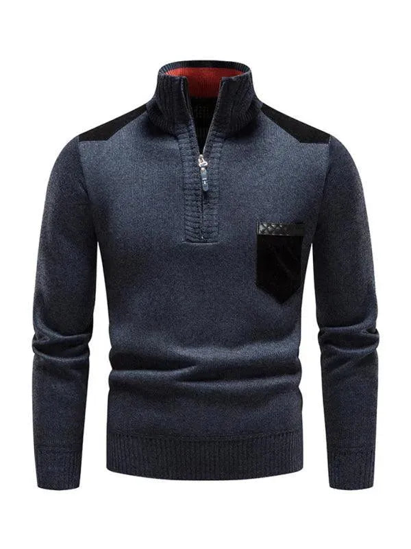 Stand-Up Collar Patchwork Zipper Men Turtleneck Sweater - Pullover Sweater - LeStyleParfait