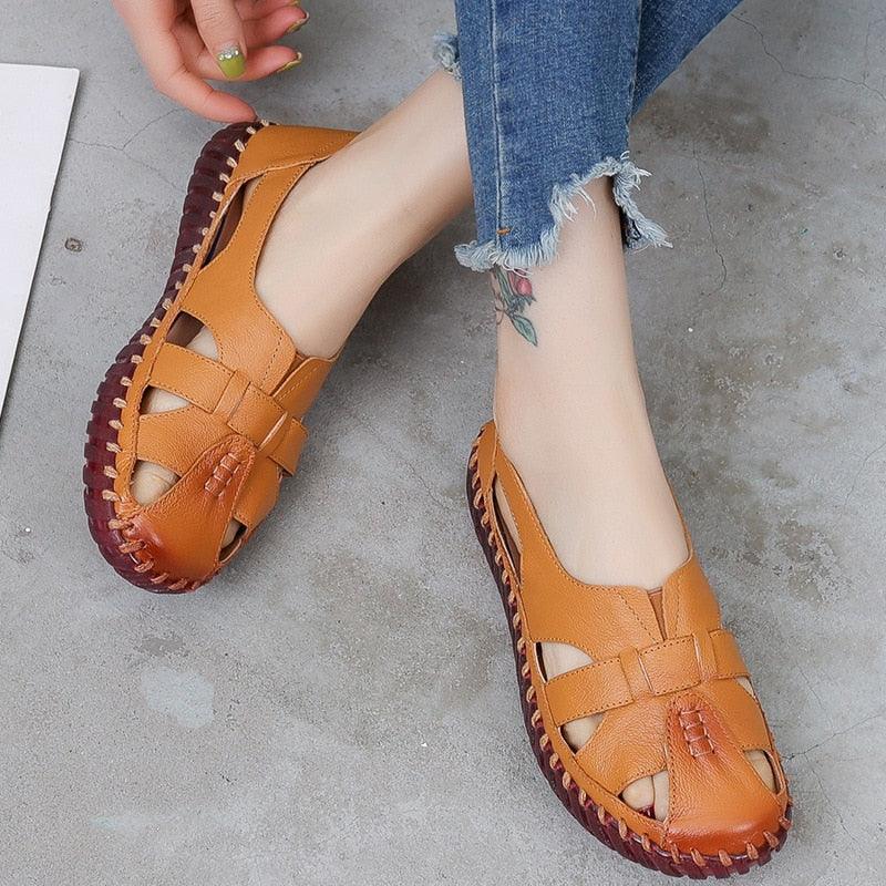 Stitched Leather Flat Sandals - Sandals - LeStyleParfait