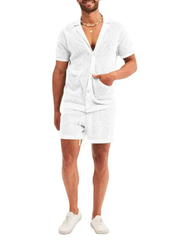 Stylish Mesh Short Sleeve Two-Piece Set - Solid Casual Shorts Two-Piece Set - LeStyleParfait
