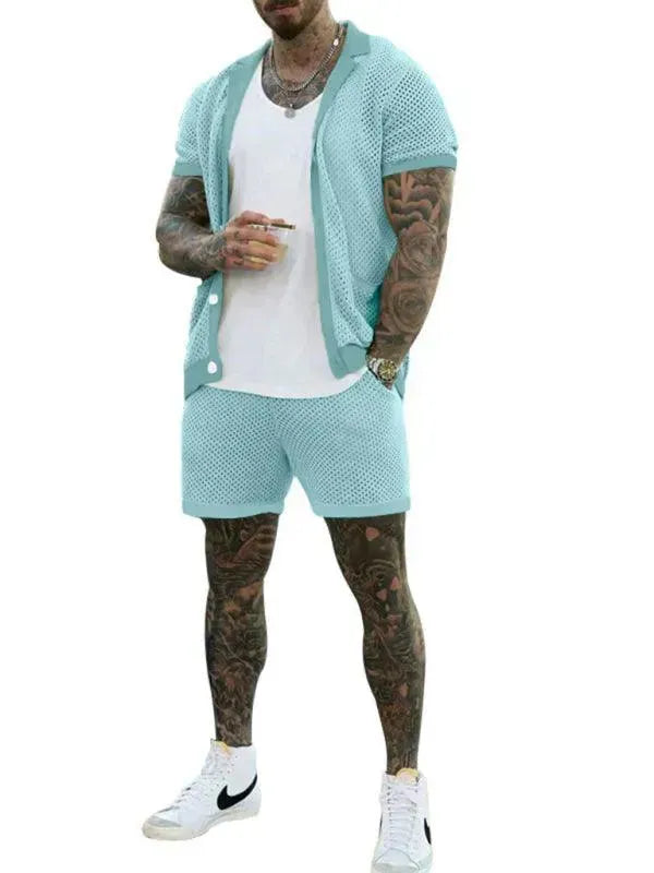 Stylish Mesh Short Sleeve Two-Piece Set - Solid Casual Shorts Two-Piece Set - LeStyleParfait