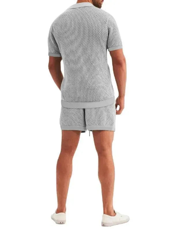 Stylish Mesh Short Sleeve Two-Piece Set - Solid Casual Shorts Two-Piece Set - LeStyleParfait