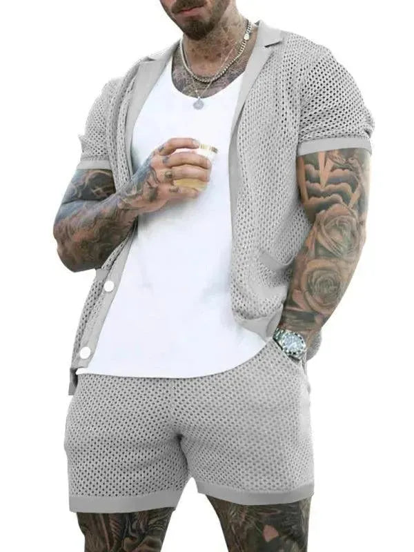 Stylish Mesh Short Sleeve Two-Piece Set - Solid Casual Shorts Two-Piece Set - LeStyleParfait