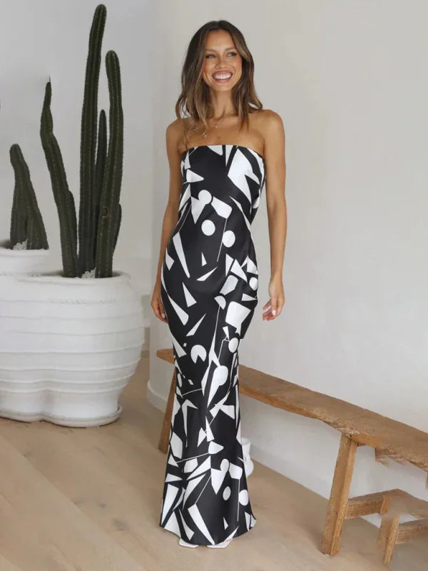 Women Bold Strapless Geometric Maxi Dress - Geometric Maxi Dress - LeStyleParfait