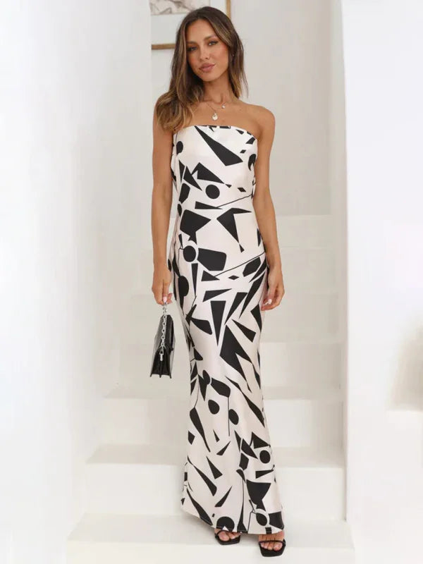 Women Bold Strapless Geometric Maxi Dress - Geometric Maxi Dress - LeStyleParfait