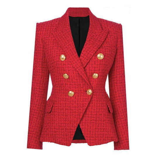 The Pragmatic Red Tweed Blazer Women - Casual - Plain-Solid - Double-Breasted Blazer - LeStyleParfait