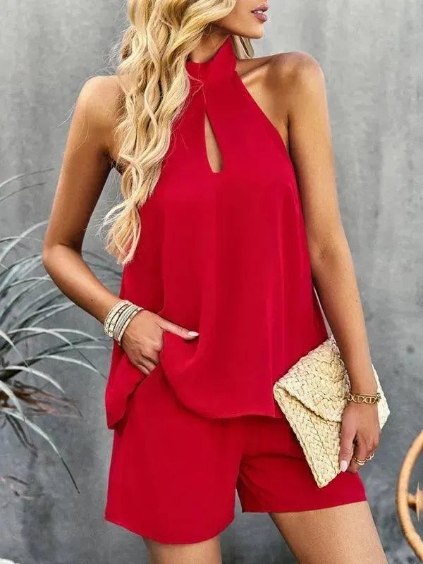 Trendy Teal Casual Halter Two-Piece Set - Halter Shorts Set - LeStyleParfait