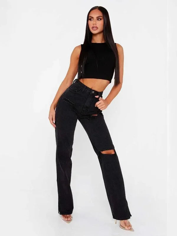 Women Straight Ripped Jeans With Ankle Slits - Women Jeans - LeStyleParfait fashion image