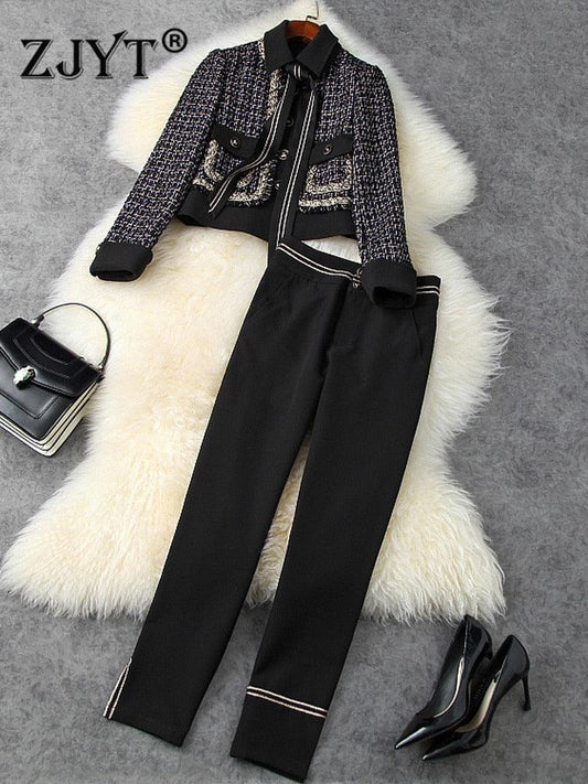 Tweed Woolen Blazer and Pantsuit - Women Pant Suit - LeStyleParfait