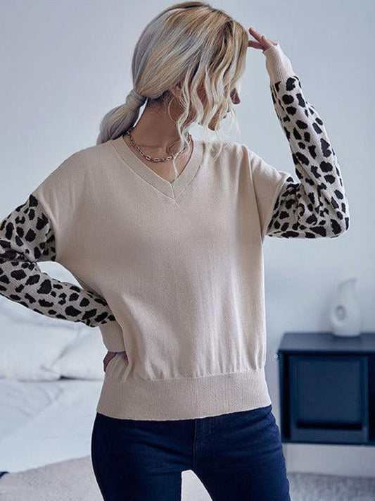 V-Neck Knitted Sweater Top Women With Wild Print Sleeves - Pullover Sweater - LeStyleParfait