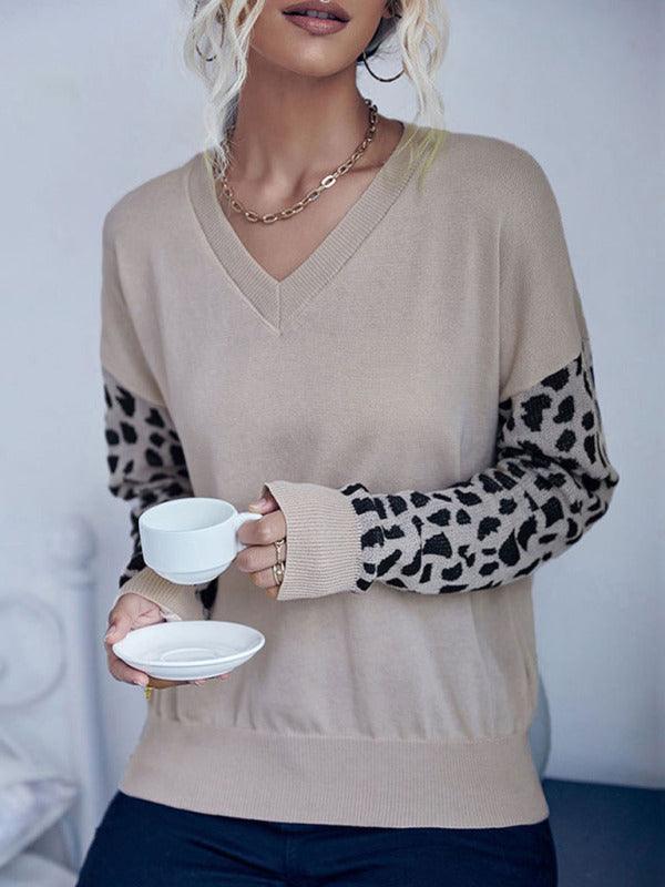 V-Neck Knitted Sweater Top Women With Wild Print Sleeves - Pullover Sweater - LeStyleParfait