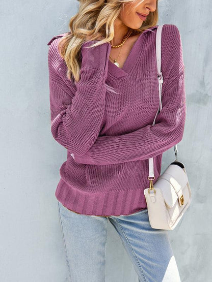 V-Neck Polo Women Sweater Top - Pullover Sweater - LeStyleParfait