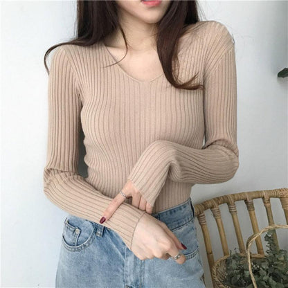 V-Neck Slim Knitted Sweater - Pullover Sweater - LeStyleParfait