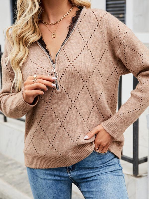 V-Neck Zipper Knitwear Sweater Top for Women - Pullover Sweater - LeStyleParfait
