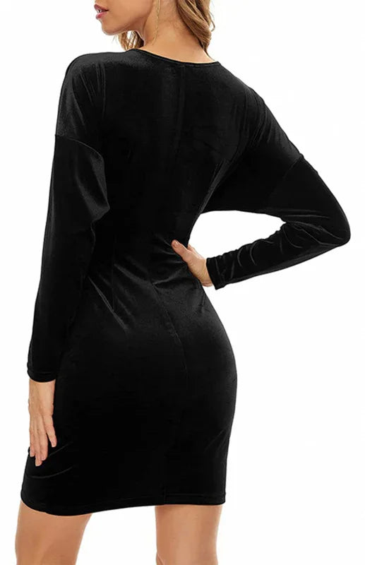 Women Dress Solid V-Neck Long Sleeves Slim Fit Velvet Winter Cocktail | LeStyleParfait