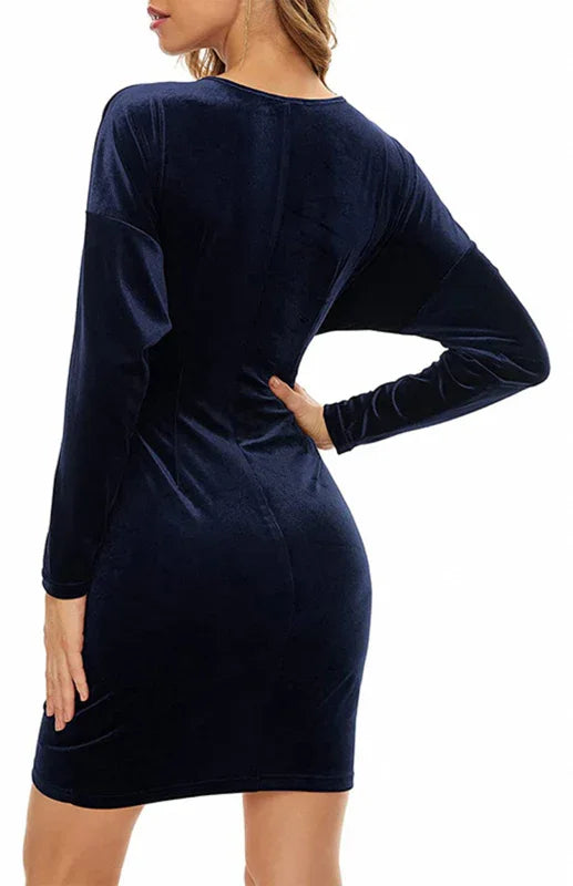 Women Dress Solid V-Neck Long Sleeves Slim Fit Velvet Winter Cocktail | LeStyleParfait