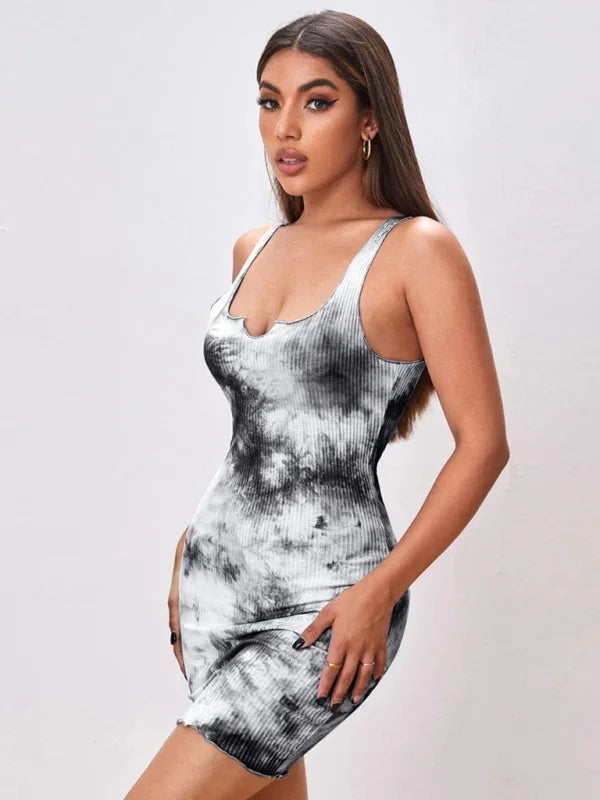Women Bold Tie-Dye Square Neck Mini Dress - Tie-Dye Mini Dress - LeStyleParfait