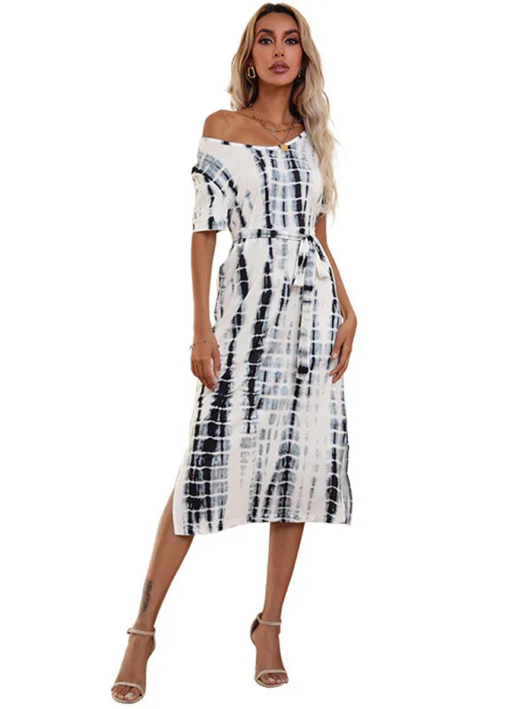 Women Bold Abstract Belted Midi Dress - Abstract Midi Dress - LeStyleParfait